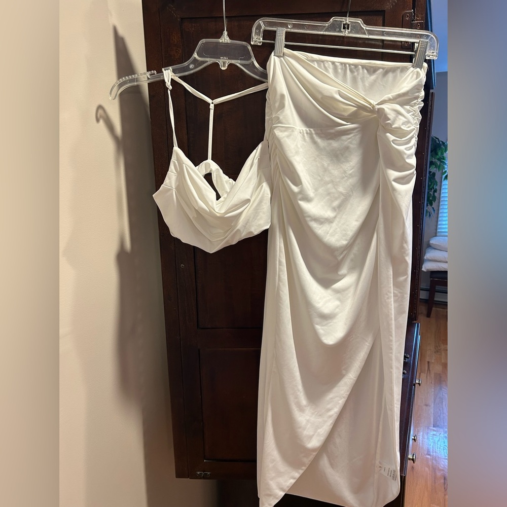 Elegant White Midi Skirt Set Double Lined Ivory